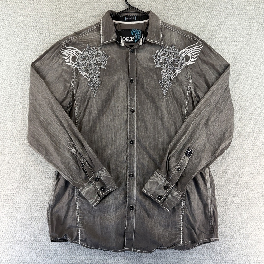 ROAR Signature Shirt Mens Large Gray Button Up Embroidered Rockabilly Grunge